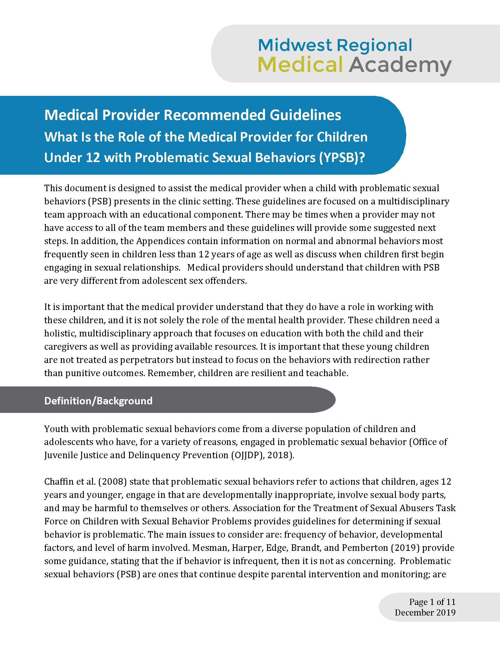 Medical Provider Guidelines: What is the Role of the Medical Provider for Children Under 12 with Problematic Sexual Behaviors (YPSB)?