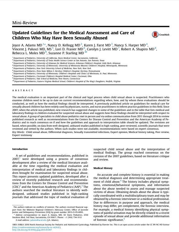 Updated Guidelines for the Medical Assessment and Care of Children Who May Have Been Sexually Abused